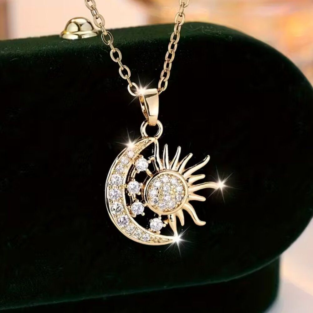 Gold Sun Moon Pendant Necklace Cubic Zirconia Celestial Charm Jewelry Present